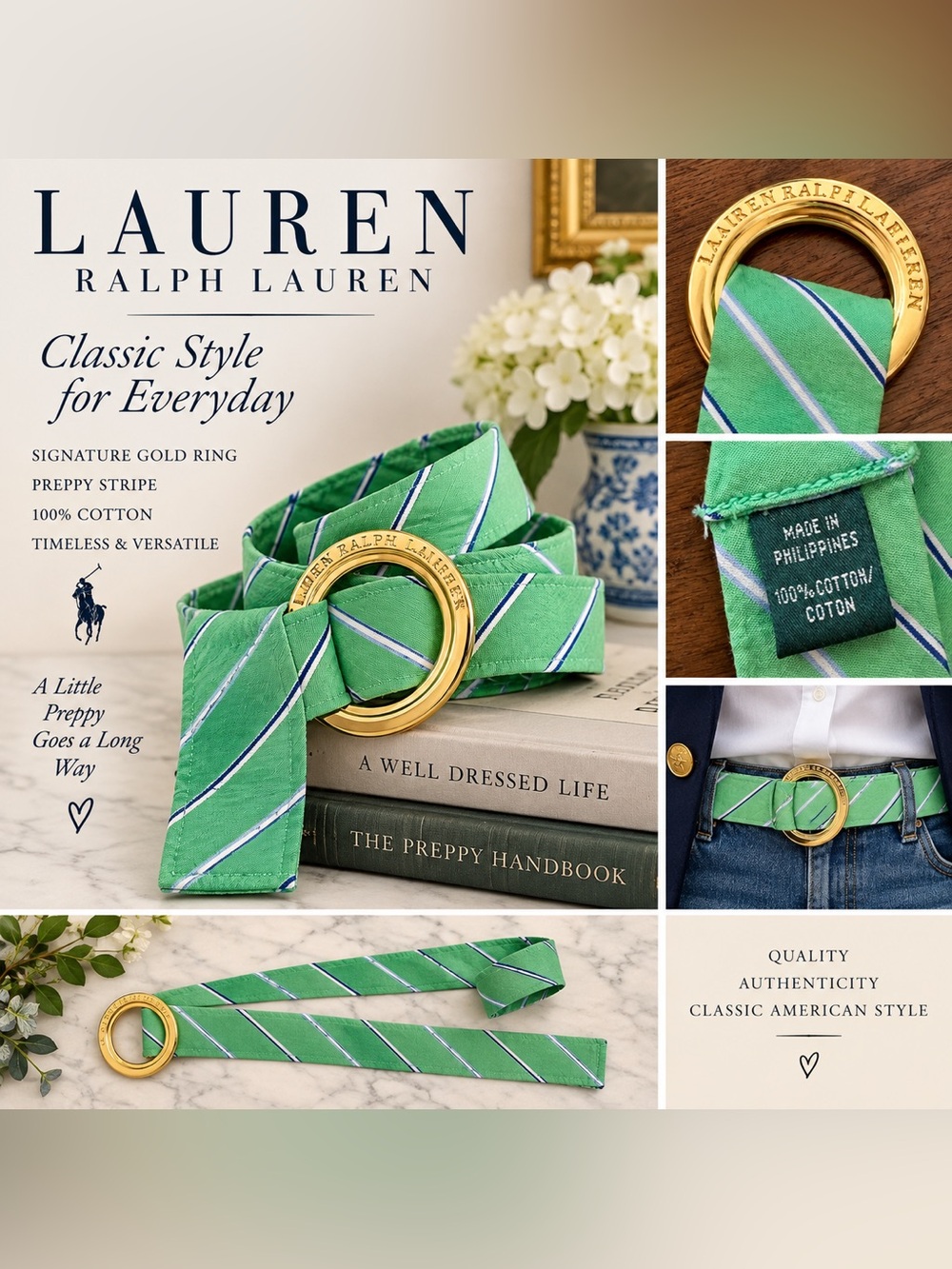 Lauren Ralph Lauren Green Striped Cotton Ring Belt with Gold Ring